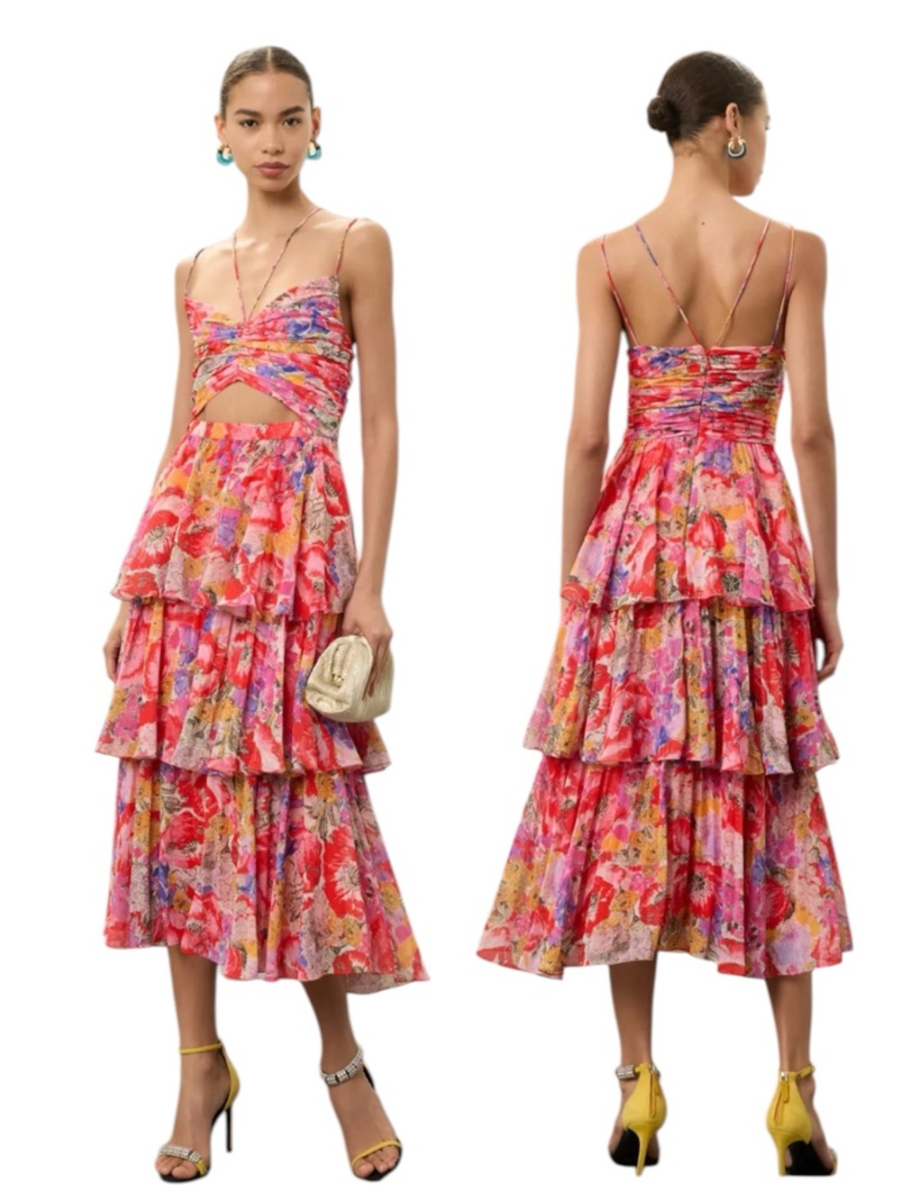 AMUR Luke Floral Tiered Cut Out Midi Dress in Multicolour Size 4